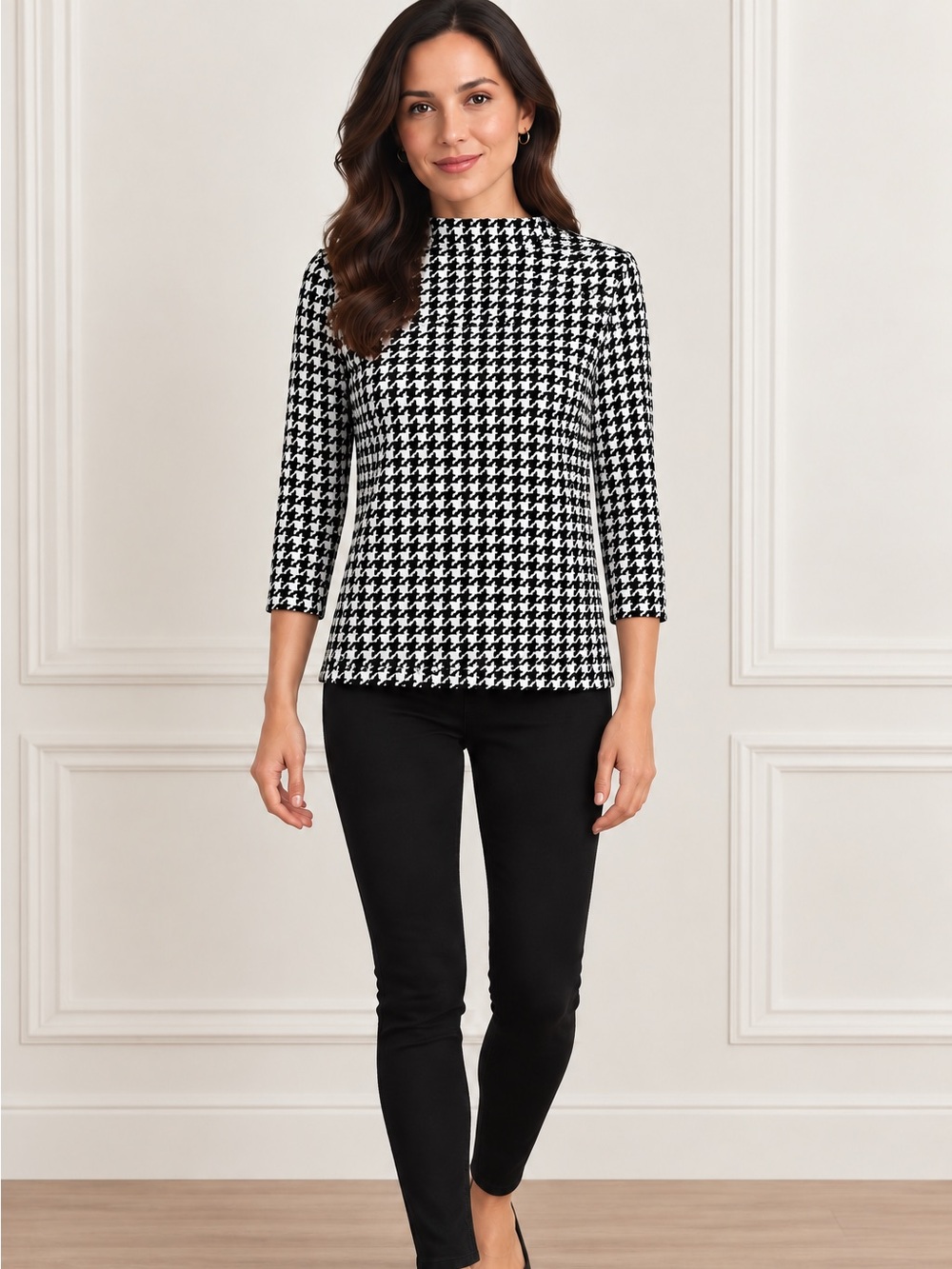 MELLODAY BLACK AND WHITE HOUNDSTOOTH HIGH NECK TOP. Size S